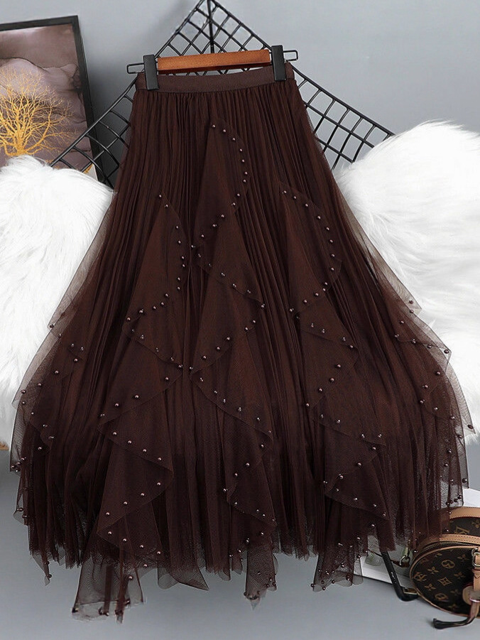 フレアスカート パール装飾チュールレイヤードフレアスカート