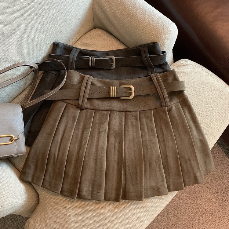 フレアスカート ベルト付きプリーツフレアスカート