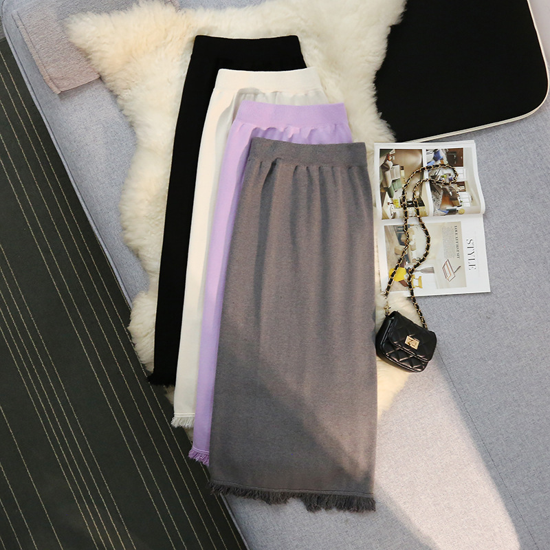 フレアスカート 裾フリンジニットフレアスカート