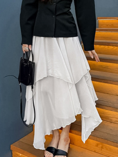 フレアスカート 不規則裾デザイン重ね着風フレアスカート