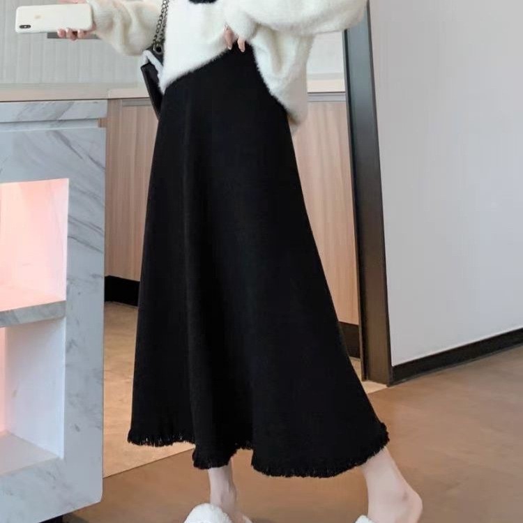 フレアスカート 裾フリンジデザイン上品フレアマキシスカート