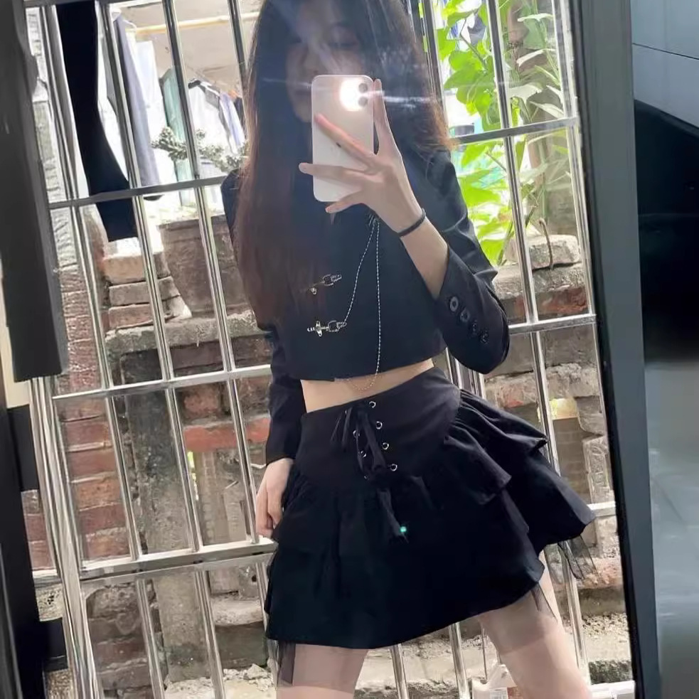 フレアスカート 編み上げリボン付き二段ティアードフレアスカート