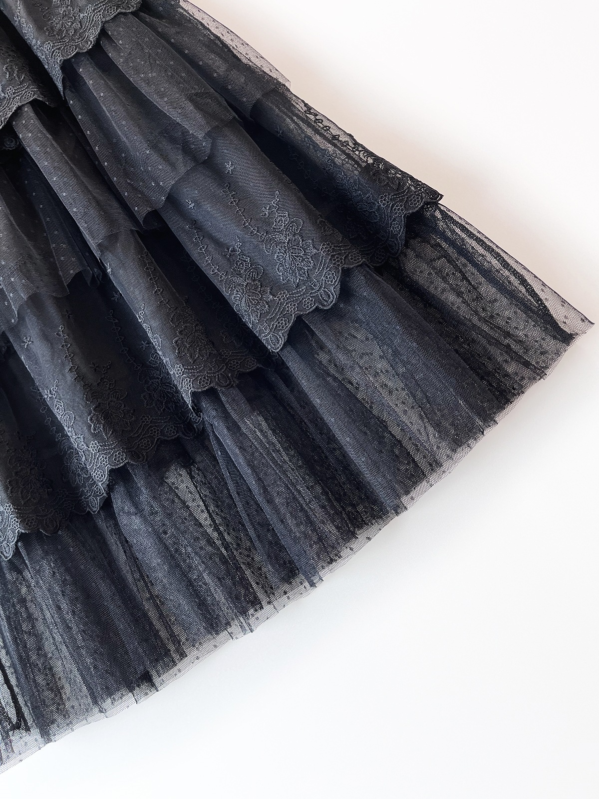 フレアスカート 繊細刺繍レース三段ティアードチュールフレアスカート