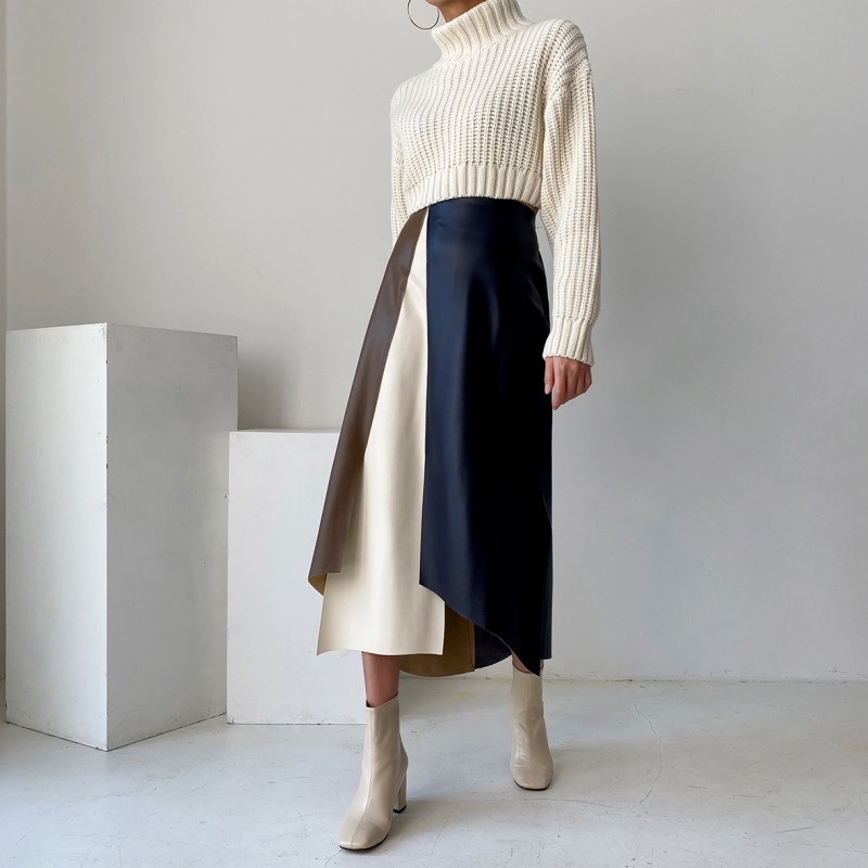 秋新作 配色ひざ丈フレアスカート 上品レディース着回し