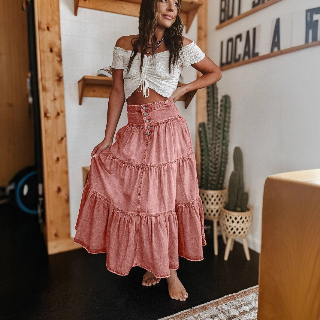 フレアスカート ティアード切り替えハイウエストベルト付きフレアスカート