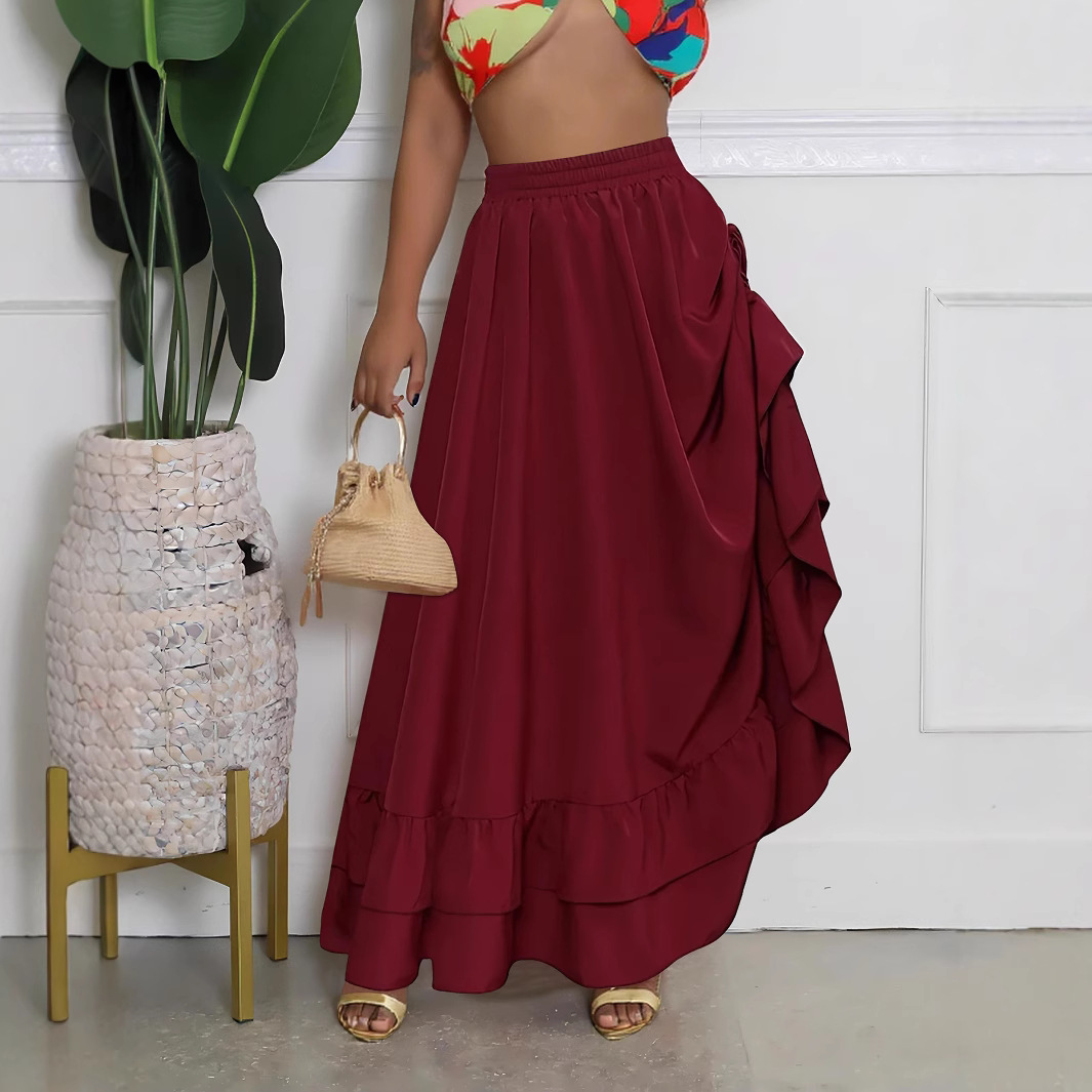 フレアスカート サイドフリル切替ゴムウエストフレアスカート