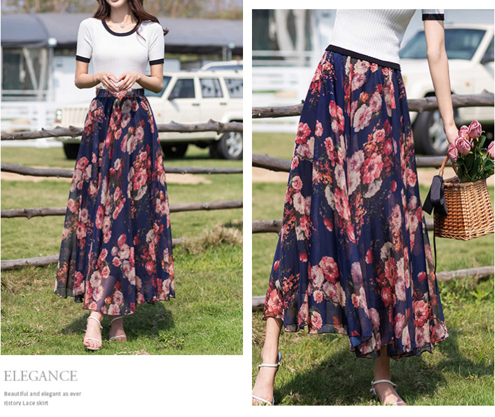 フレアスカート 花柄シフォン素材のフレアスカート・マキシ丈