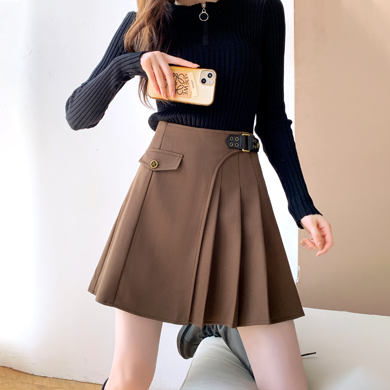 フレアスカート ベルト付きプリーツデザインフレアスカート