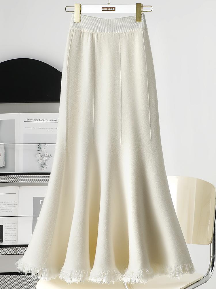 フレアスカート 裾フリンジニット編み地フレアマキシスカート