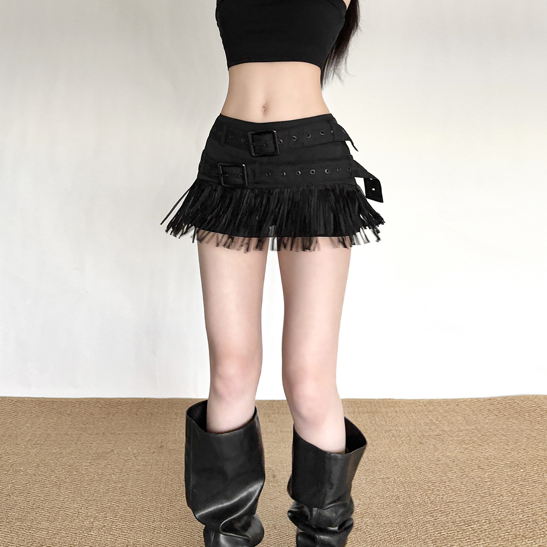 フレアスカート ダブルベルト付きフリンジ裾フレアミニスカート