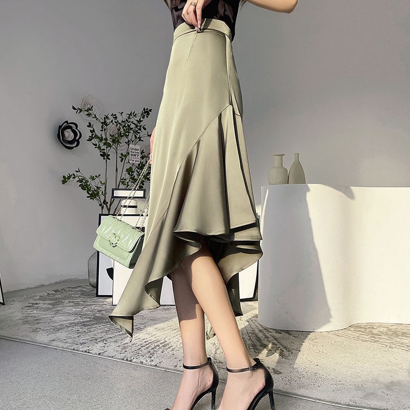 フレアスカート 不規則裾フレアスカート大人上品ひざ丈