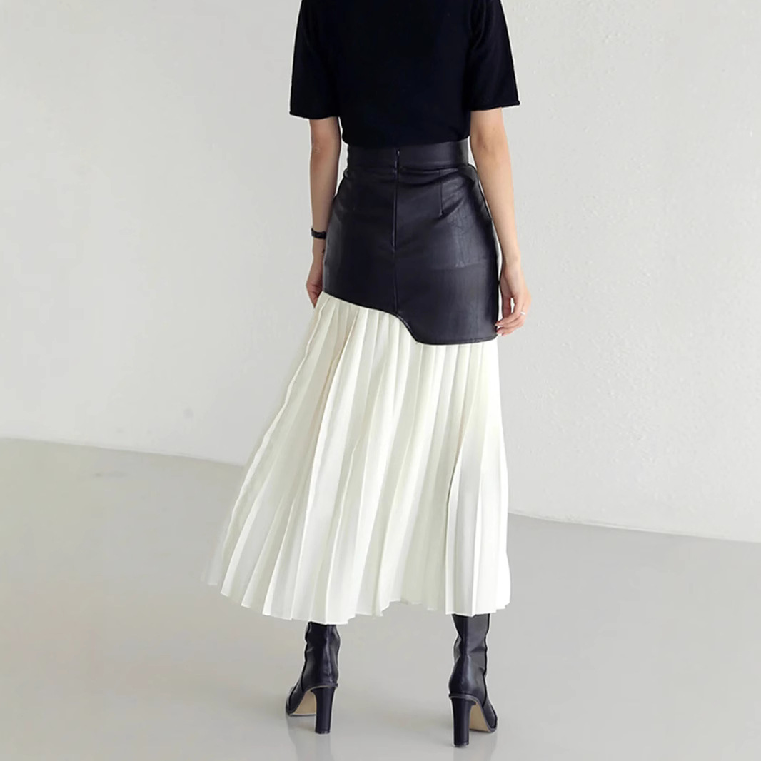 フレアスカート 合皮切替プリーツフレアマキシスカート
