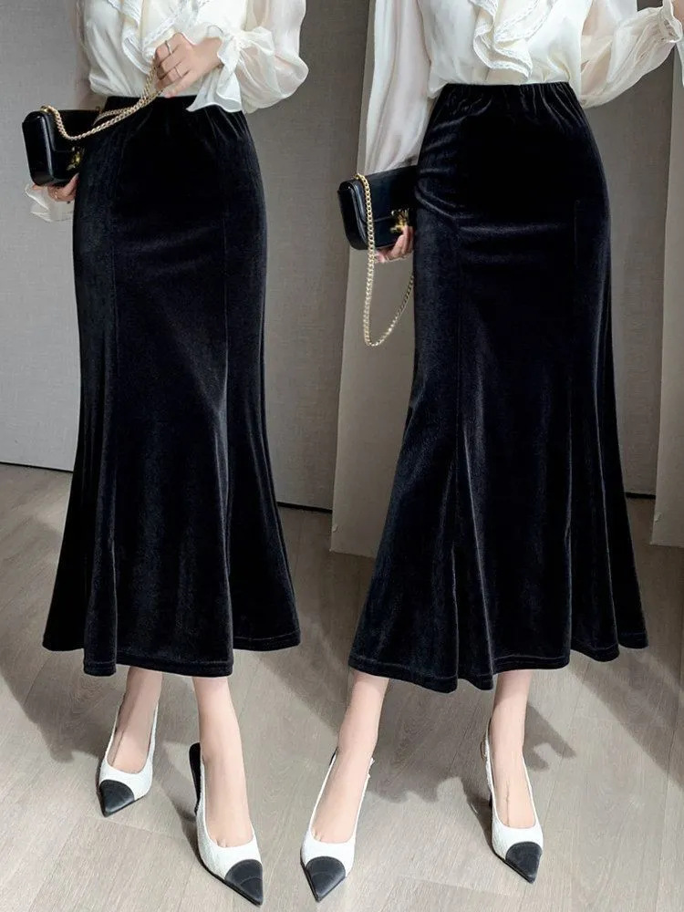 フレアスカート 上品なベルベット素材のマーメイドフレアスカート