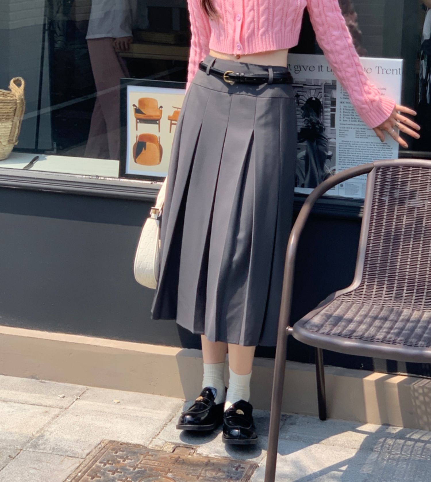 フレアスカート レザー風プリーツフレアスカート