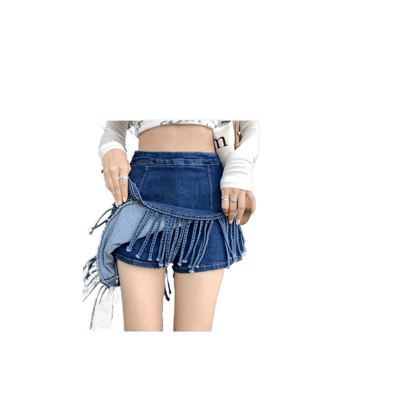 フレアスカート デニムフリンジ裾デザインフレアミニスカート