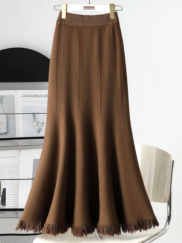 フレアスカート 裾フリンジニット編み地フレアマキシスカート