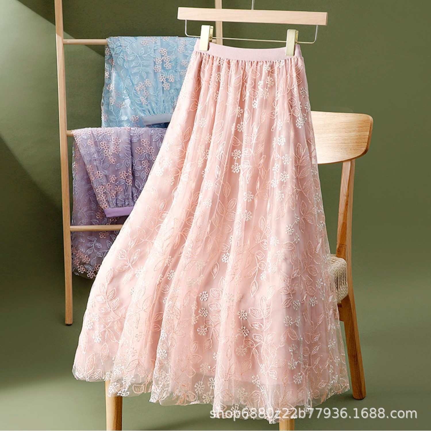 フレアスカート 小花刺繍チュールレース透け感フレアロングスカート