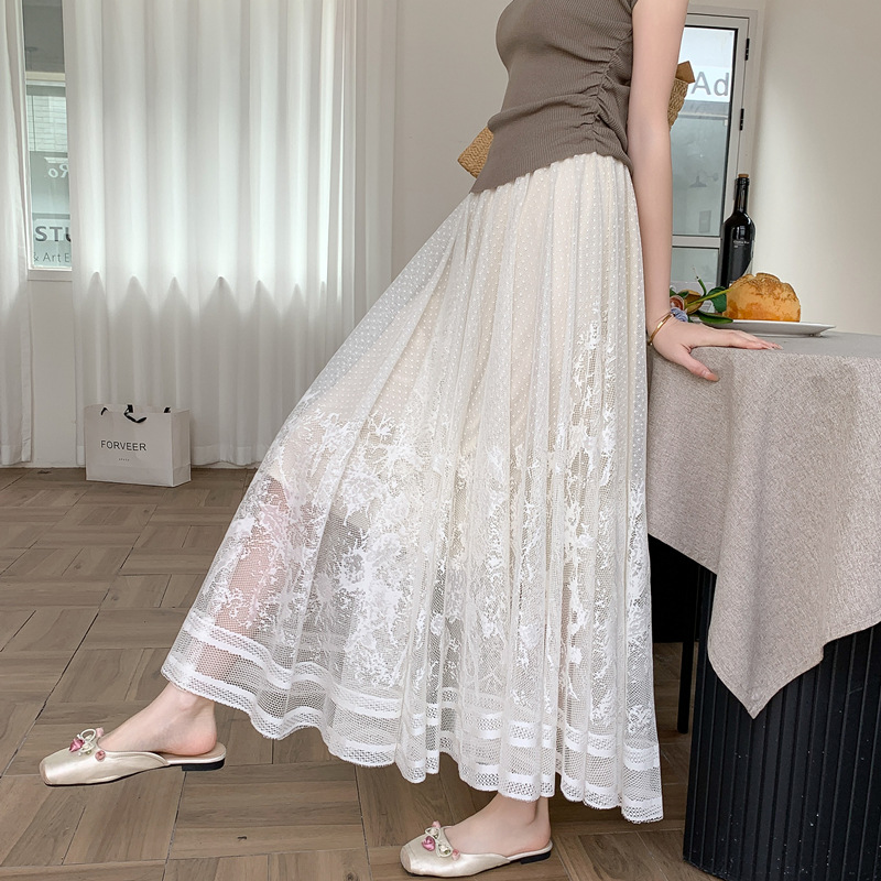 フレアスカート 花柄刺繍レース切替フレアスカートマキシ丈