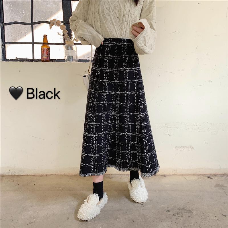 フレアスカート 格子柄ツイード調フリンジ付きフレアスカート