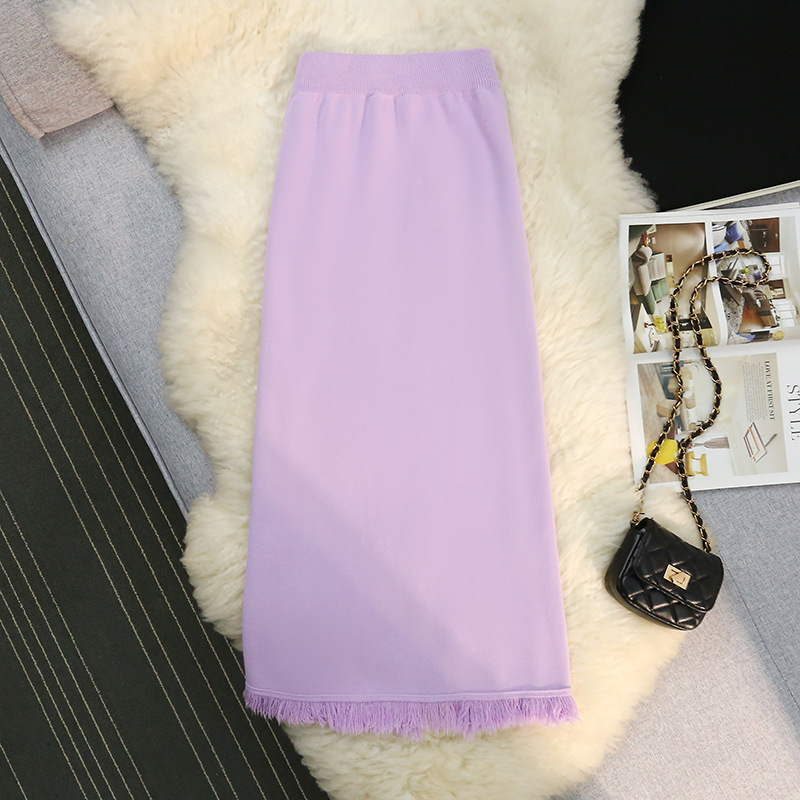 フレアスカート 裾フリンジニットフレアスカート