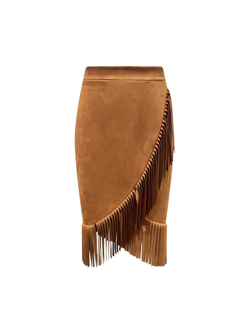 フレアスカート フリンジ付きスエード調ひざ丈フレアスカート
