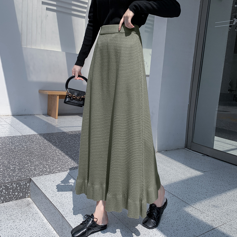 フレアスカート ワッフル編み裾フリルフレアスカート