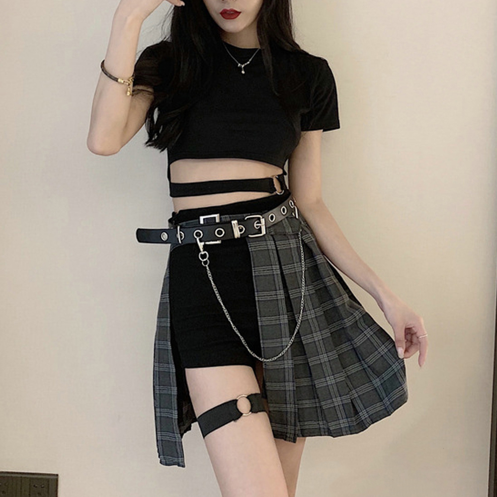 原宿系チェック柄ベルト付きミニ丈非対称フレアスカート韓国風