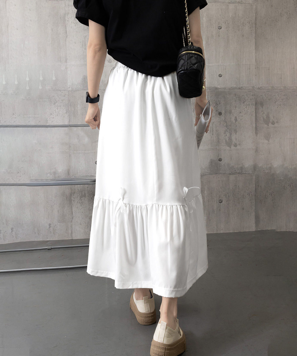 フレアスカート リボン付きマキシ丈ティアード段重ねロング丈スカート