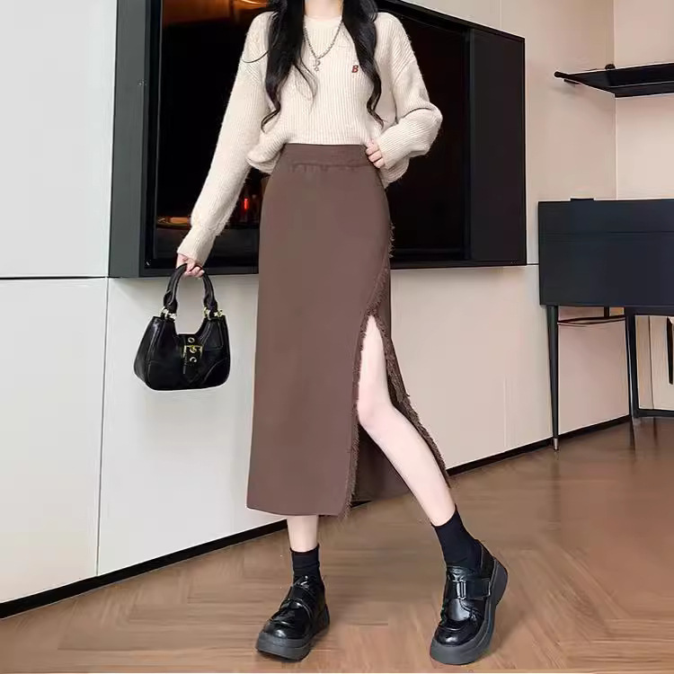 フレアスカート フリンジデザインサイドスリット入りフレアスカート