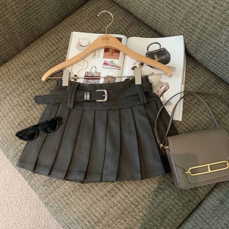 フレアスカート ベルト付きプリーツフレアスカート