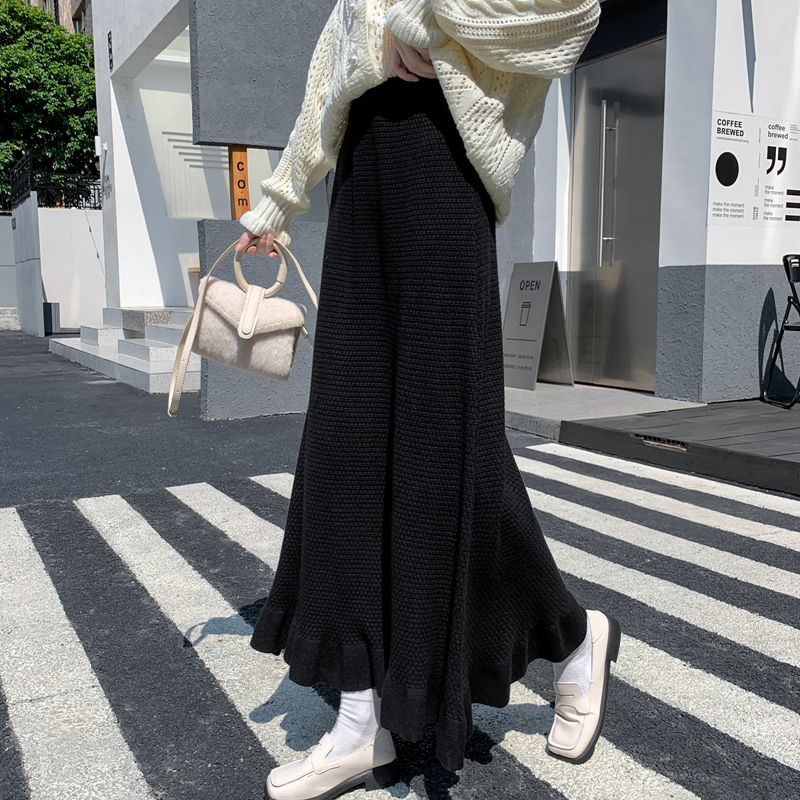 フレアスカート ワッフル編み裾フリルフレアスカート