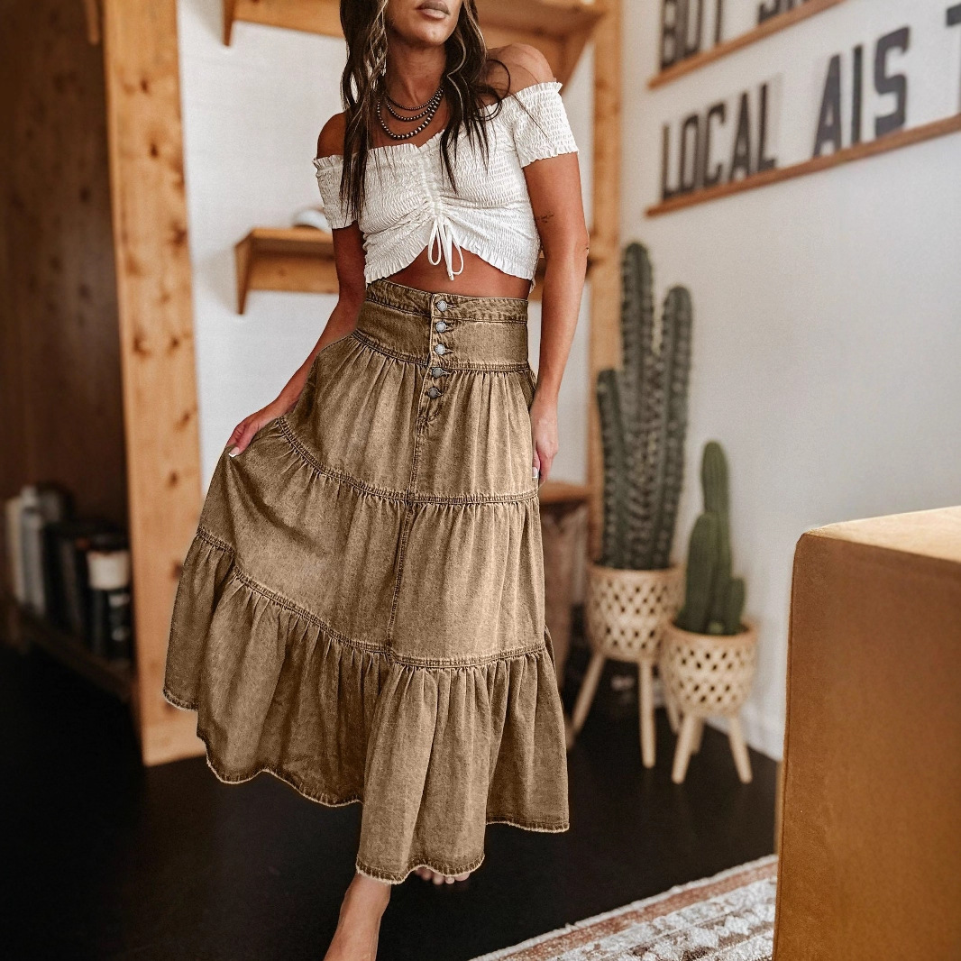 フレアスカート ティアード切り替えハイウエストベルト付きフレアスカート