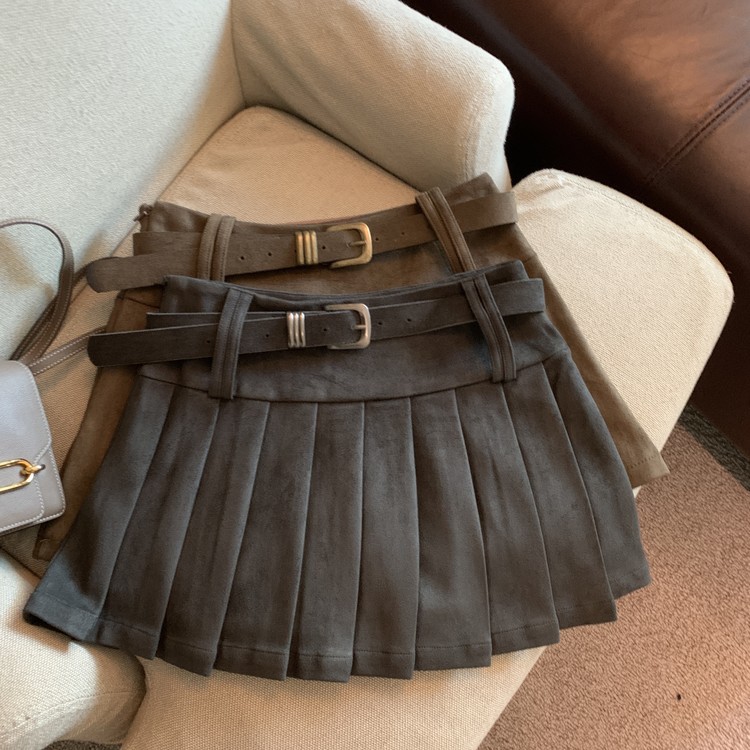 フレアスカート ベルト付きプリーツフレアスカート