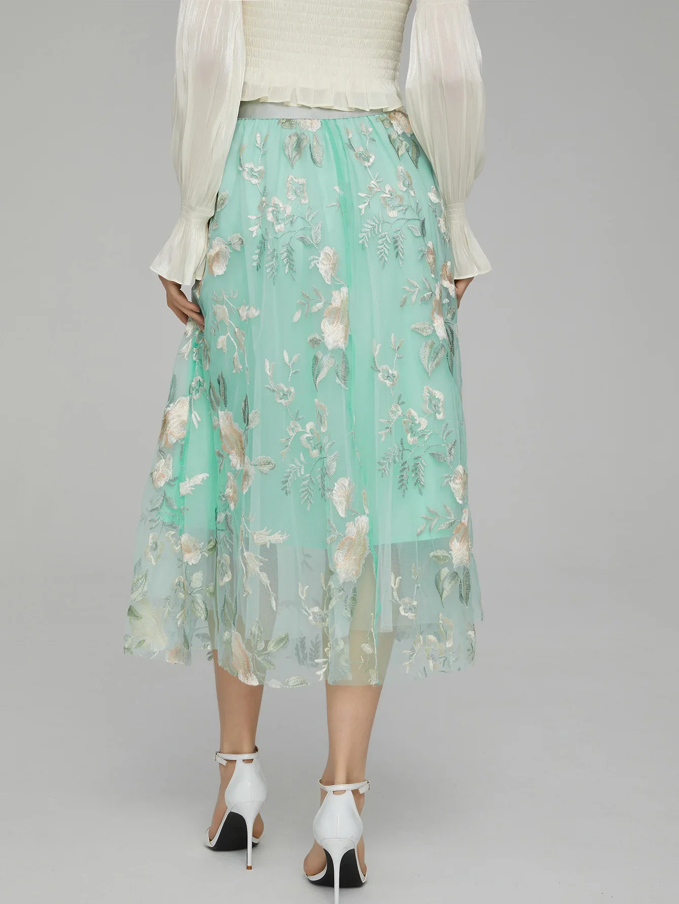 フレアスカート 花柄刺繍チュール重ねフレアスカート