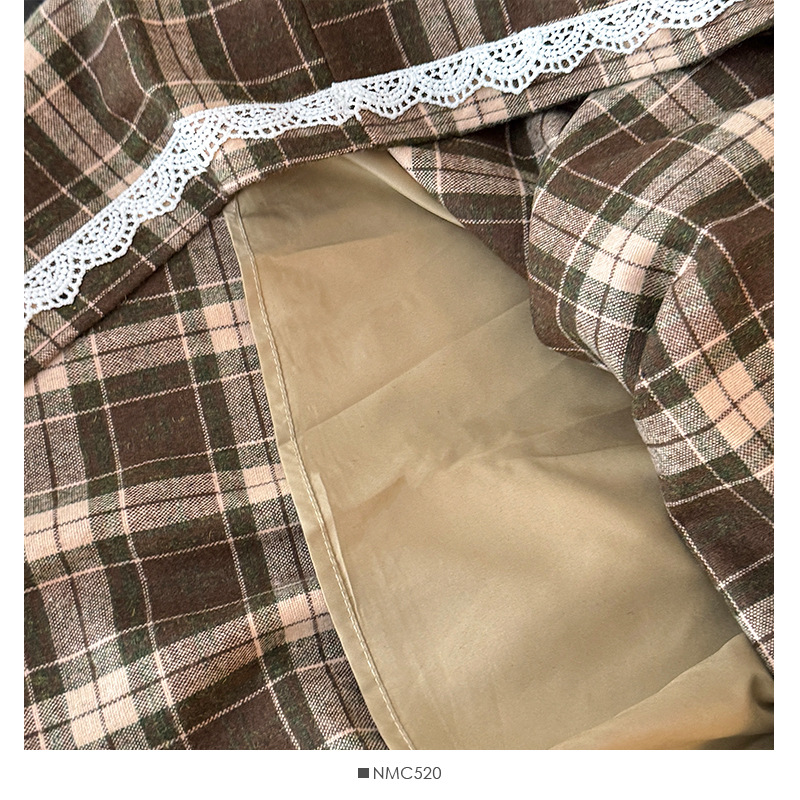 フレアスカート 格子柄レース裾飾りフレアスカート