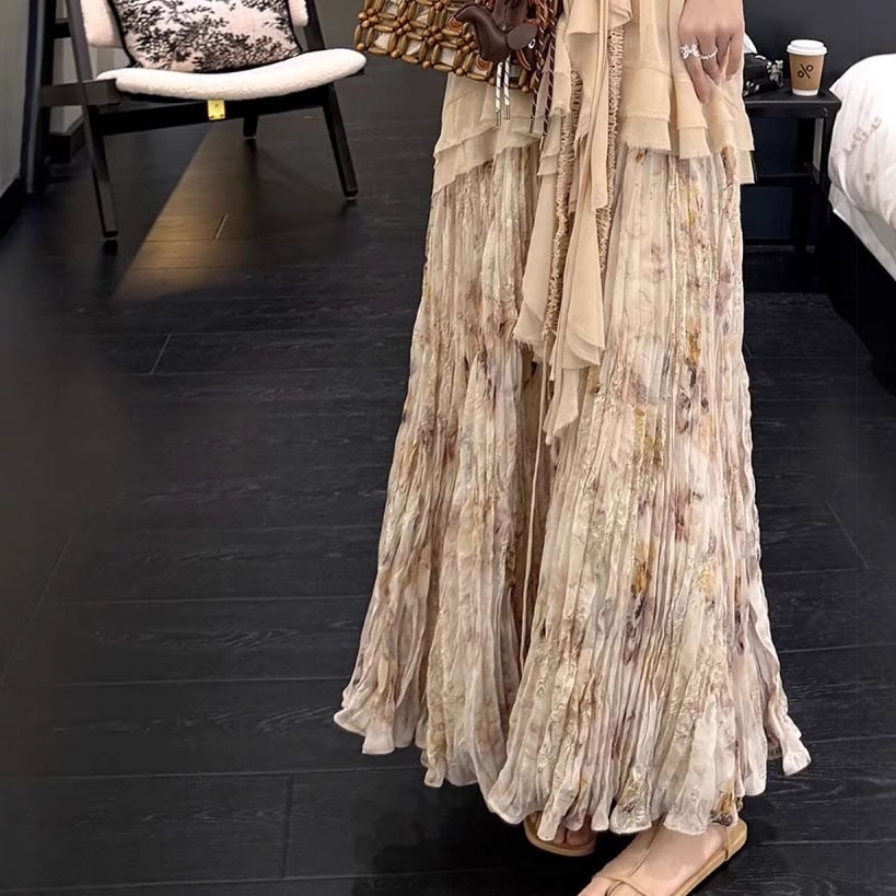 フレアスカート 花柄プリーツシフォンフレアスカートマキシ丈