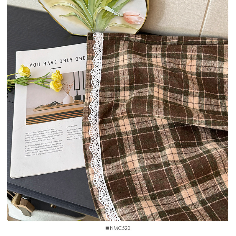 フレアスカート 格子柄レース裾飾りフレアスカート