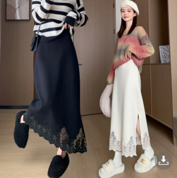 フレアスカート 裾レース装飾フレア広がりマキシ丈スカート