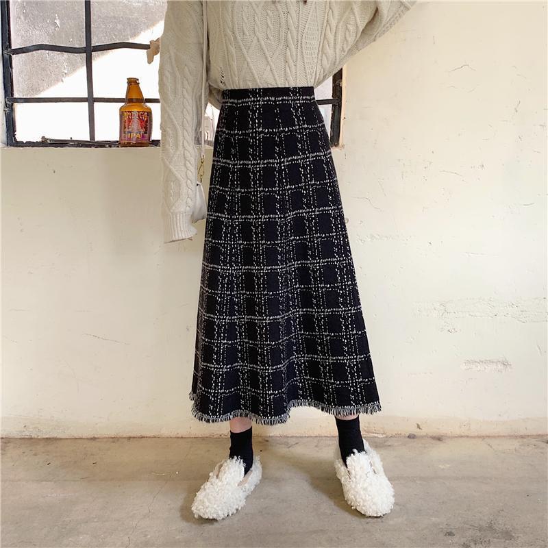 フレアスカート 格子柄ツイード調フリンジ付きフレアスカート