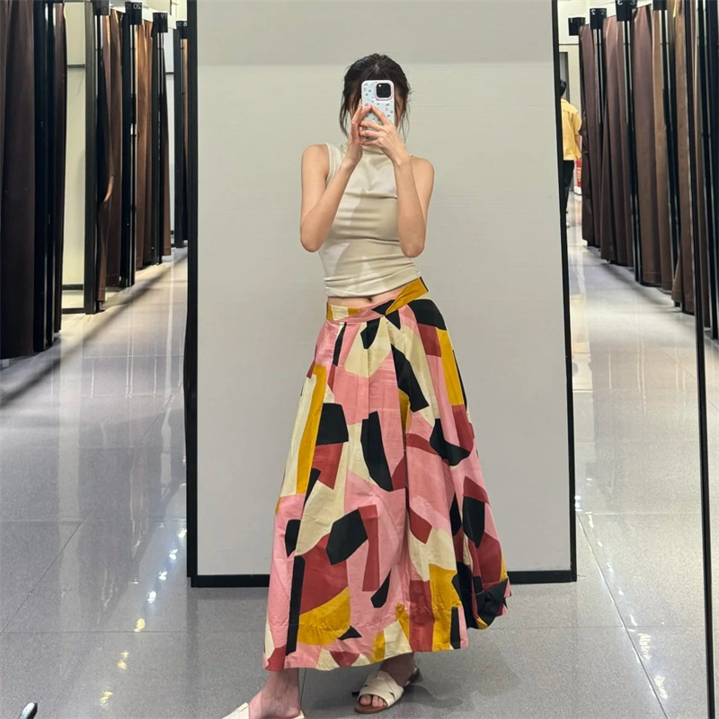 フレアスカート 幾何学模様の芸術的フレアスカートマキシ丈