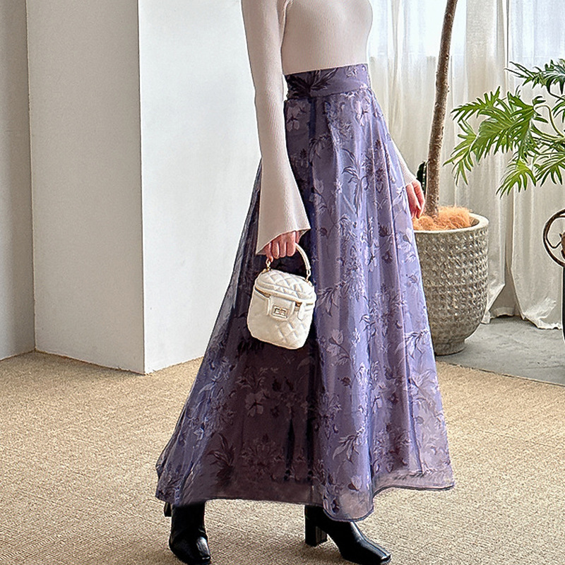 フレアスカート 花柄刺繍オーガンジー重ね着風フレアスカート