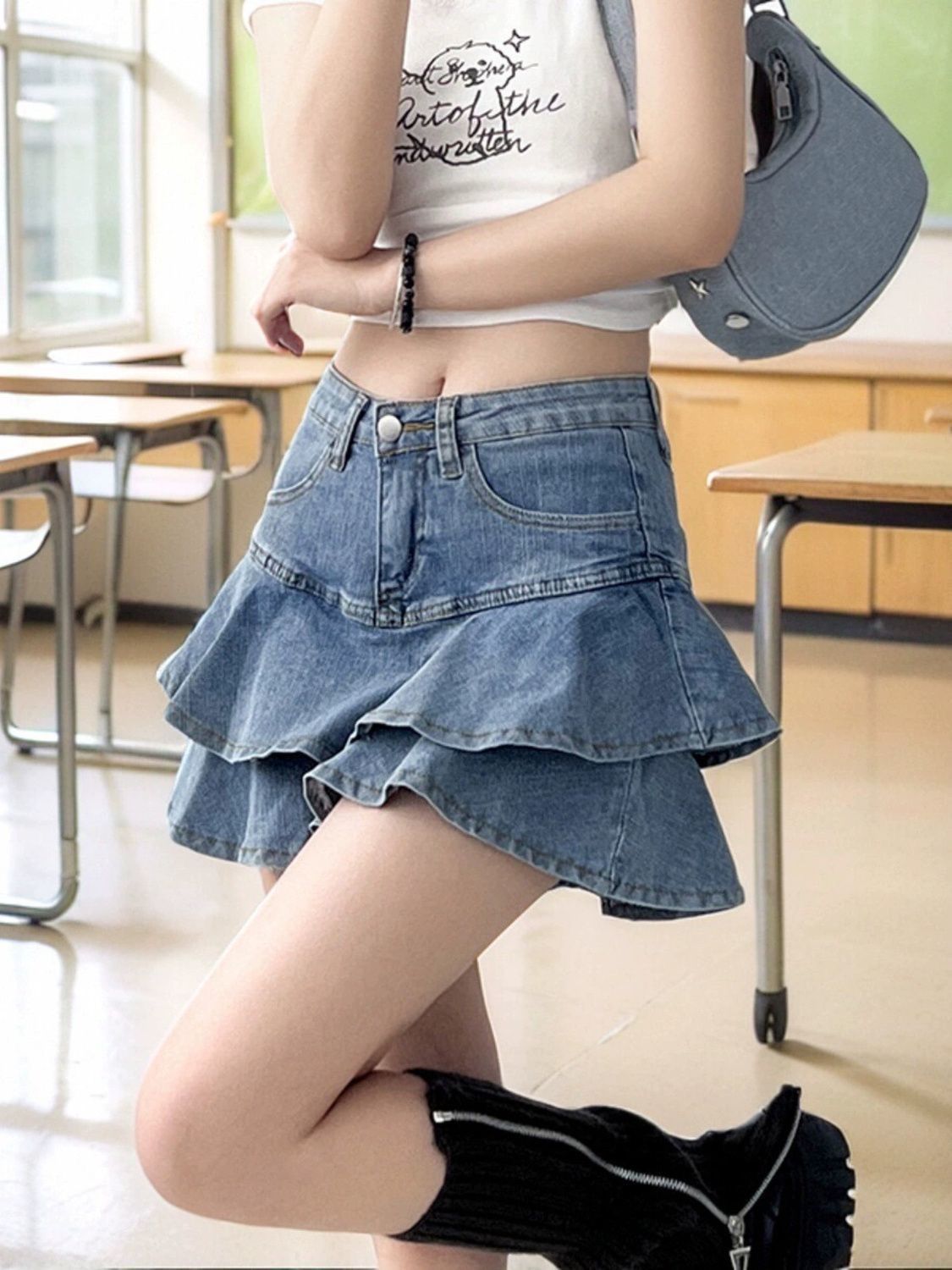 フレアスカート 二段ティアードデニムフレアスカート