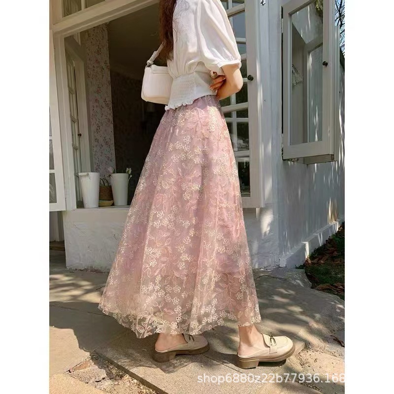 フレアスカート 小花刺繍チュールレース透け感フレアロングスカート