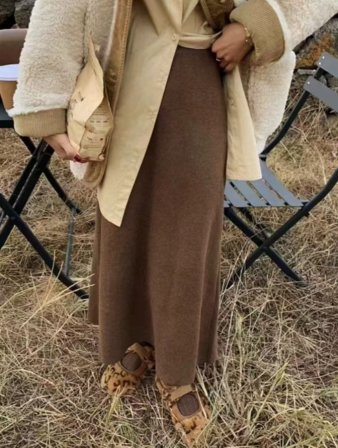 ニットロング丈フレアスカート美脚マキシスカート