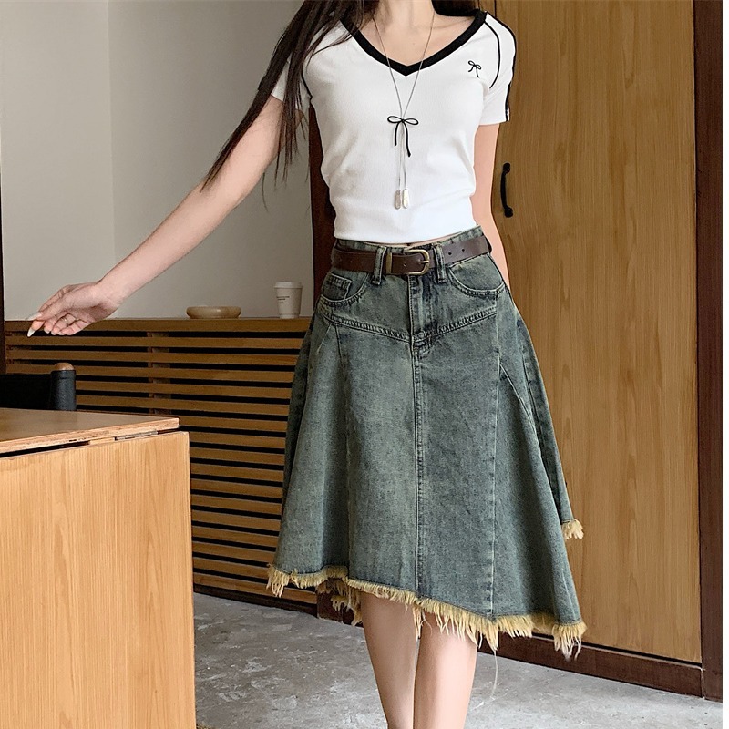 フレアスカート 裾フリンジデニムフレアスカート