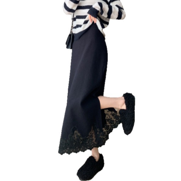 フレアスカート 裾レース装飾フレア広がりマキシ丈スカート