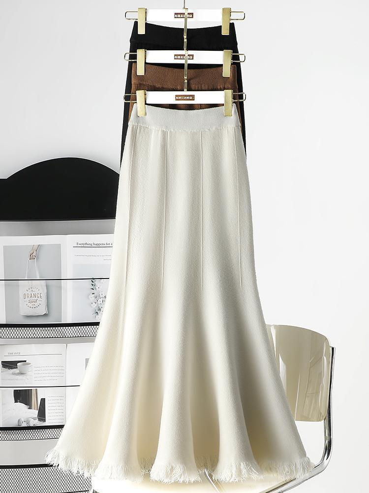 フレアスカート 裾フリンジニット編み地フレアマキシスカート