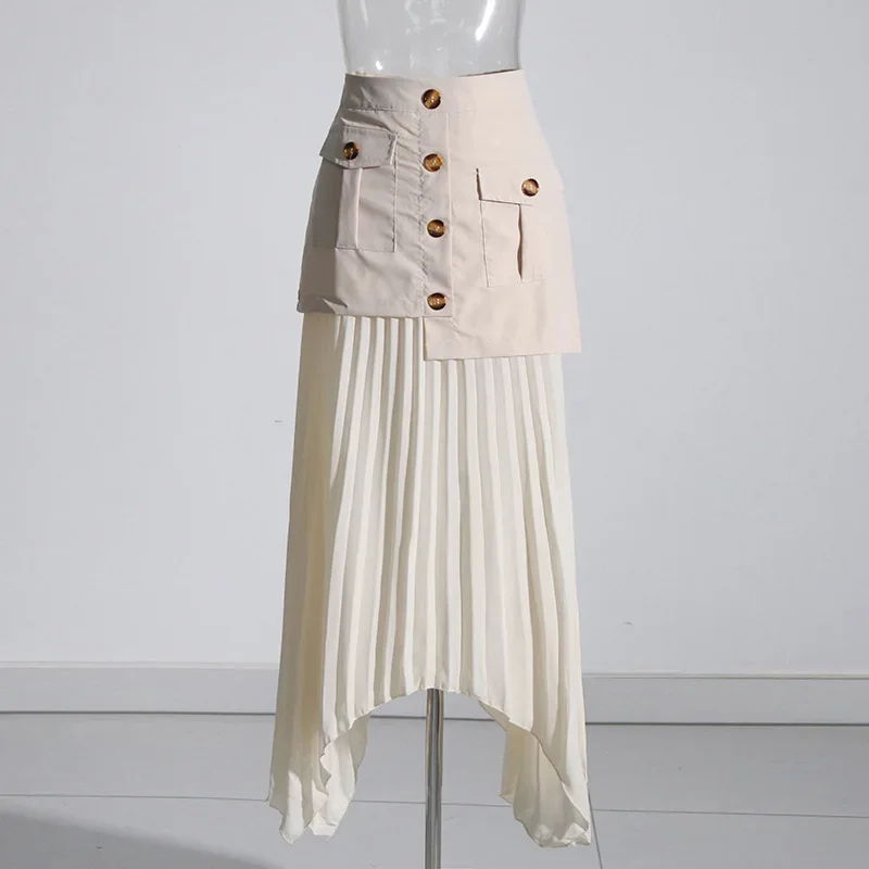 フレアスカート 金ボタン付きプリーツ切替フレアスカート