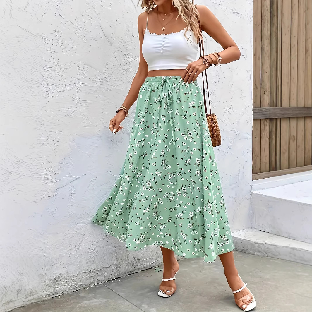 フレアスカート 小花柄ウエストゴムリボン付きフレアスカート