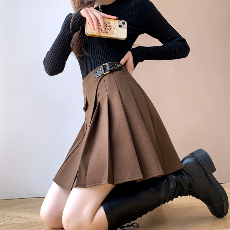 フレアスカート ベルト付きプリーツデザインフレアスカート